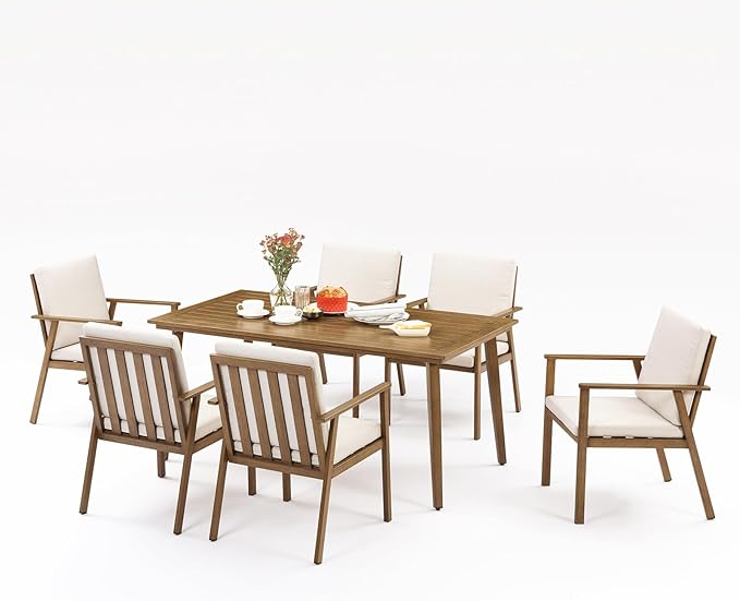 7 Pieces Patio Dining Set for 6, Never-Rust Aluminum Outdoor Table and Chair Set, Outdoor Dining Set with Cushions, Outdoor Patio Table Sets with Umbrella Hole for Deck Garden Pool, Teak