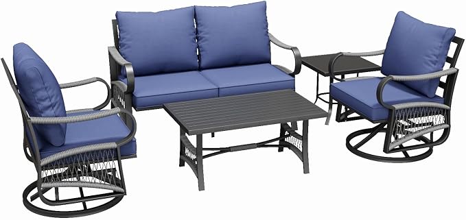 5 Piece Patio Furniture Set, Outdoor All Weather Conversation Sofa Set with 2 Swivel Chairs, Rope Braided Design and Thick Cushions for Garden, Porch, Lawn, Blue