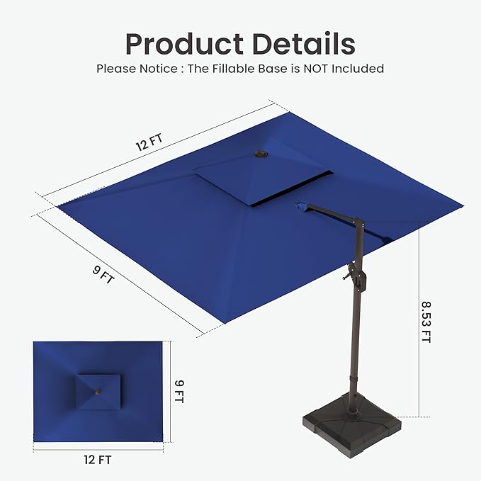 9x12 FT Cantilever Patio Umbrella with Base and Led Lights Double Top Outdoor Rectangular Large Heavy Duty Aluminum Offset Umbrellas with 7 Level Tilt 360-degree Rotation for Pool Garden Deck, Navy