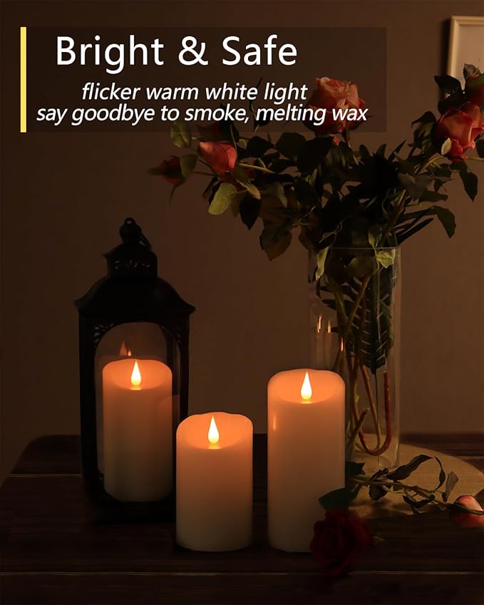 TECHLONG Flameless Candles Flickering 3D Moving Flame, Last 1000+ Hours Battery Operated Candles with Timer, Ivory Real Wax Electric LED Pillar Candles for Home Wedding Decoration | 3" x 5"
