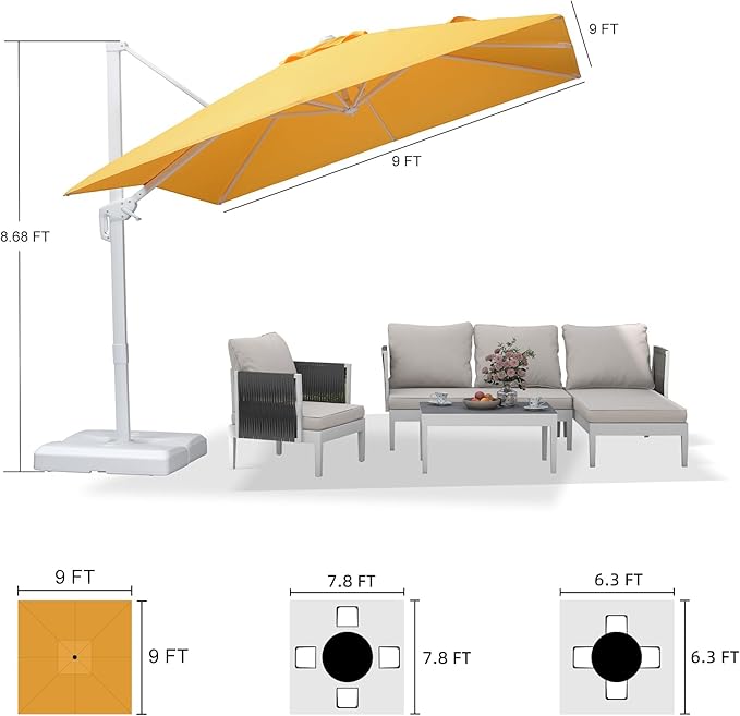 PURPLE LEAF 9 FT Patio Umbrella With Base White Cantilever Umbrella Square Outdoor Offset Umbrella Windproof with 360° Rotation for Garden Deck Pool, Yellow