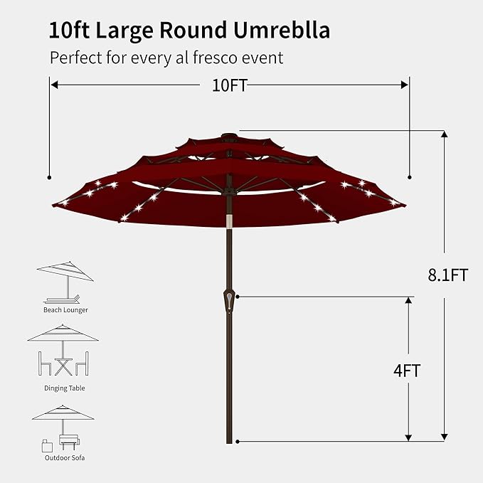 Kingdura 9ft 3-Tier Patio Umbrella with Solar Lights, Table Umbrella Outdoor Patio with Easy Crank & Tilt, 8 Sturdy Ribs, UV Protection, 32 LED Lights for Deck, Poolside, Market (Dark red)