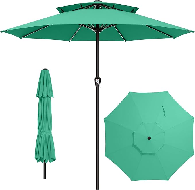 AreShark 12ft 2 Tiers Patio Umbrella - Outdoor Umbrella Waterproof UV Protection, Market Table Umbrella w/ 8 Sturdy Ribs&Crank for Pool, Porch, Garden(Turquoise)