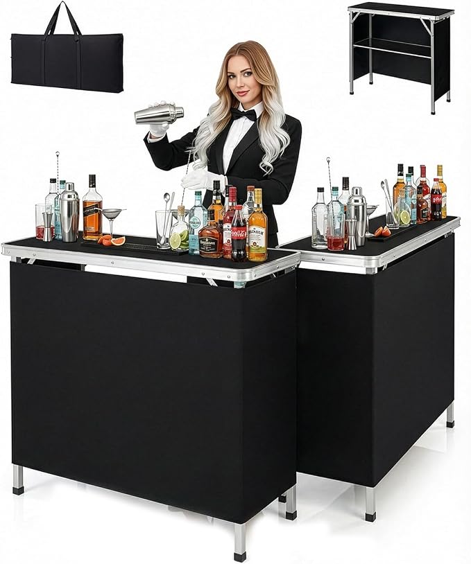 Outvita Portable Bar Table, 2pcs Outdoor Folding Mobile Bar Counter with 2 Tier Shelves and Black Skirt for Wedding Party Birthday Commercial Activity Musical Festival 39 "L x 34" H