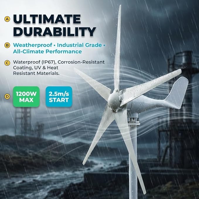 1200W Wind Power Generator, 12V/24V Wind Turbine Kit, 2.5M/s Start Wind-Mill Generator Kit with Charging Controller, DC27–54V, for Home, Farms, Factory, RV Boats, Warehouse, Camps White