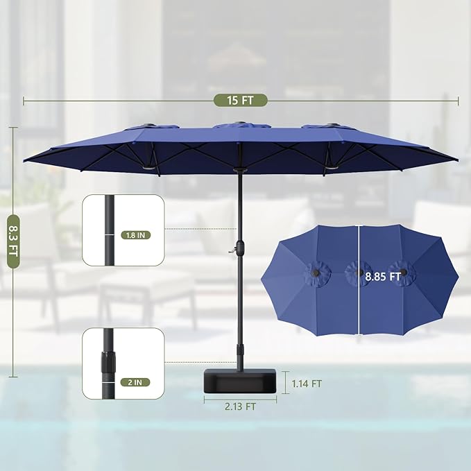 15ft Double-Sided Outdoor Patio Umbrella, Table Umbrellas with Steel Ribs, Easy Crank, Market Umbrella for Backyard & Pool