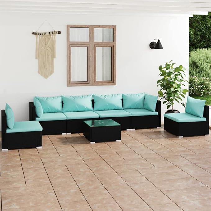 7 Piece Patio Lounge Set with Cushion, Furniture Conversation Sets Patio Lounge Set Piece Patio Set Outdoor Patio Sectional s Poly Rattan Black