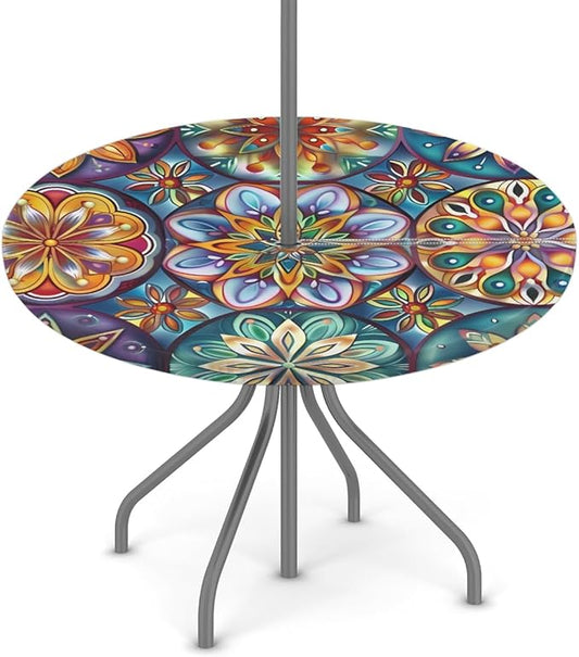 OSAM SPACE Outdoor Tablecloth with Umbrella Hole, Round Elastic Fitted Table Cloth with Invisible Zipper,Dark Colorful Mandala Flower Picnic Patio Table Cover 45-56in