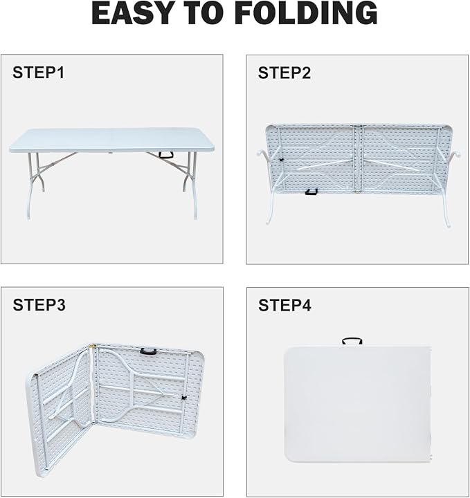 6ft Plastic Folding Table Portable Heavy Duty White Dining Table Fold-in-Half for Camp Party Kitchen Indoor Outdoor