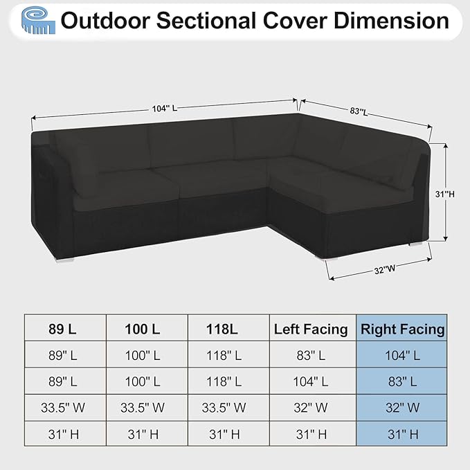 OutdoorLines Waterproof Outdoor Patio Sectional Cover - UV Resistant & Windproof L-Shaped Patio Furniture Covers for Deck, Lawn and Backyard, 420D Heavy Duty Couch Cover, Right Facing, 104"x83", Black