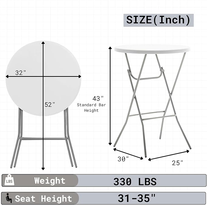 BTEXPERT Set of 5, White 2.63' Round Bar Height Folding Table 330lb Weight Capacity Commercial Indoor Outdoor Portable Banquet Patio Backyard Dining Wedding Party Events Home Thick Top Metal Frame