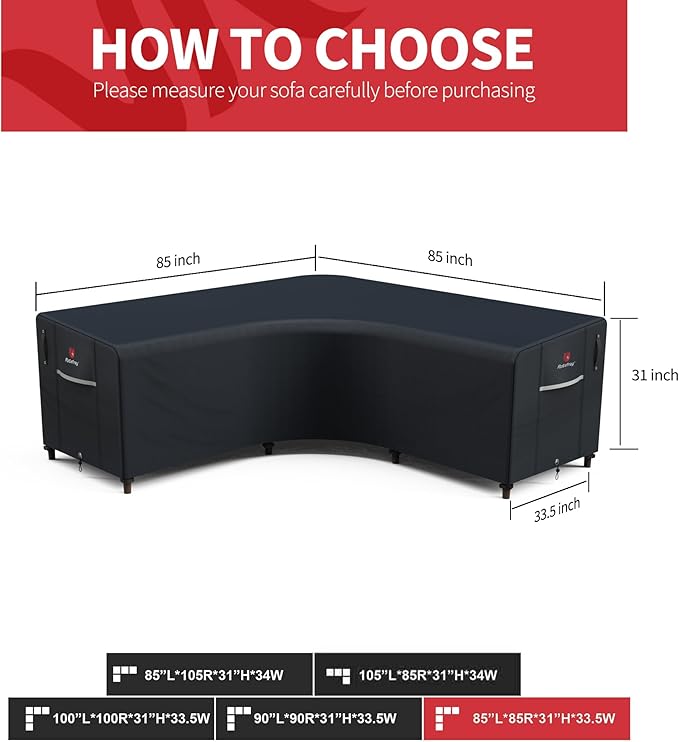 Rosefray 600D Outdoor V-Shaped Sectional Cover,Heavy Duty Anti UV Patio Sectional Sofa Cover with Air Vent, Waterproof Furniture Covers for Deck, Lawn,Backyard 85"x85" Black