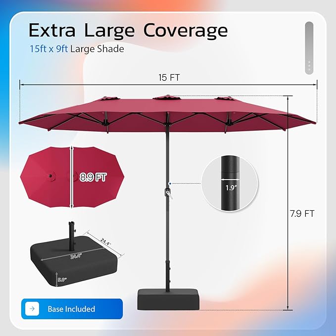 AECOJOY 15x9ft Patio Umbrella with Base Included, Outdoor Double-Sided Rectangle Umbrella with Crank Handle, Market Umbrella for Deck Pool Patio Garden(1.9" Pole, Red)
