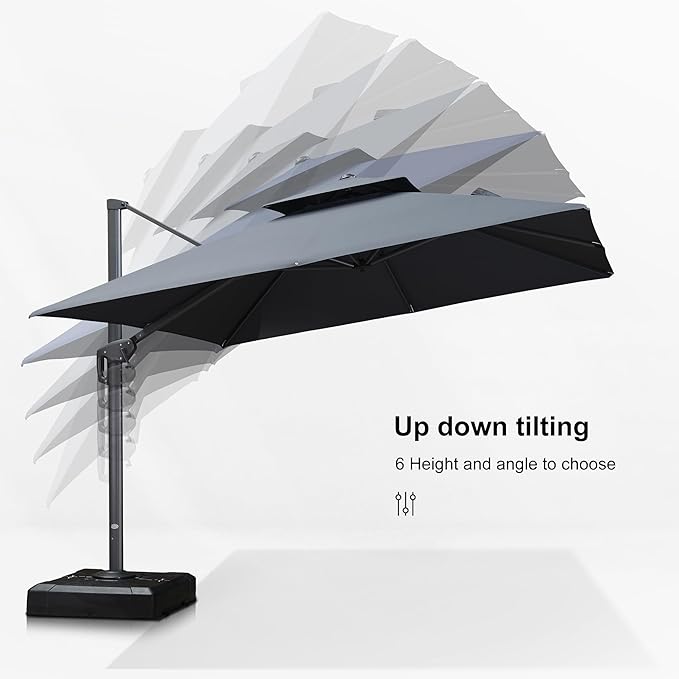 PURPLE LEAF Cantilever Patio Umbrella with Base 10FT Large Double Top Square Offset Outdoor Umbrella with 360°Rotation Hanging Tilting Umbrella Outdoor Grey