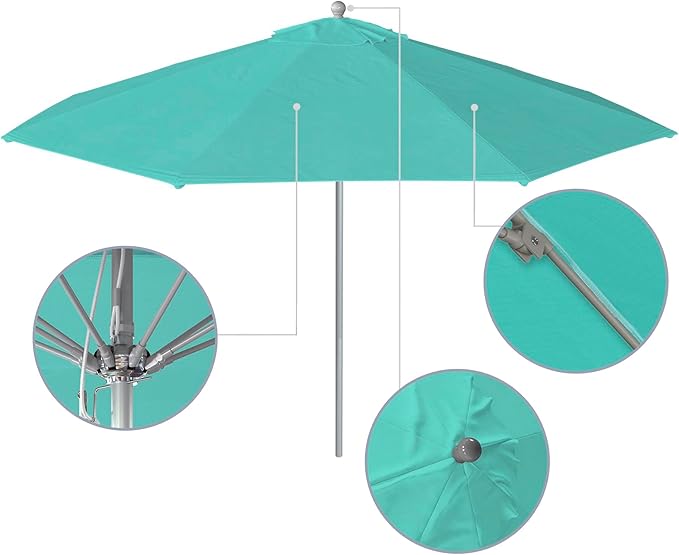 California Umbrella 11Ft Commercial Grade Sunbrella Fabric Market Umbrella, Pulley Lift, Aluminum/Fiberglass, 2mm pole wall, Silver Frame, Aruba Fabric