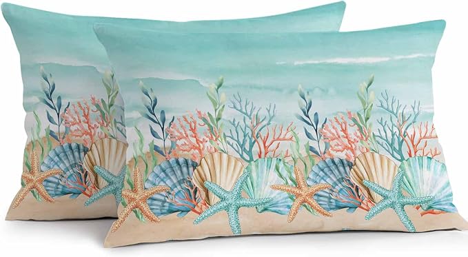Lumbar Pillow Covers 20x12 Inch Set of 2, Coastal Beach Waterproof Outdoor Pillow Covers, Ocean Wave Summer Sea Starfish Coral Teal Beige Decorative Cushion Pillowcases for Couch, Sofa, Bed, Patio