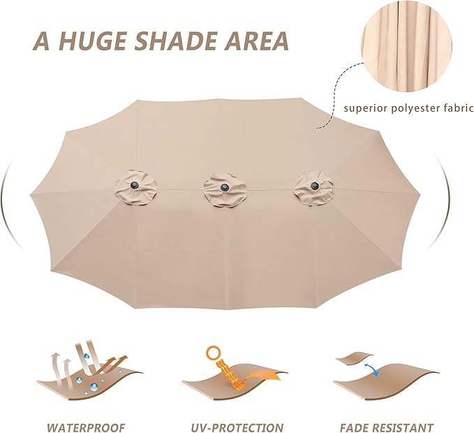 15ft Patio Umbrella with Base, 10-Year-No-Fade Large Outdoor Double-Sided Market Umbrella with UPF50+Terylene Polyester Fabric and Crank for Poolside Garden Deck Backyard Beach Pools