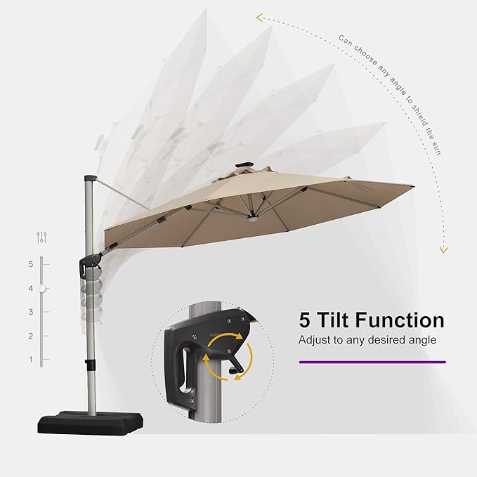 PURPLE LEAF 11ft Patio Umbrella with Lights Outdoor Round Cantilever Solar Powered LED Umbrella with 360-degree Rotation for Garden Deck Pool Patio, Beige