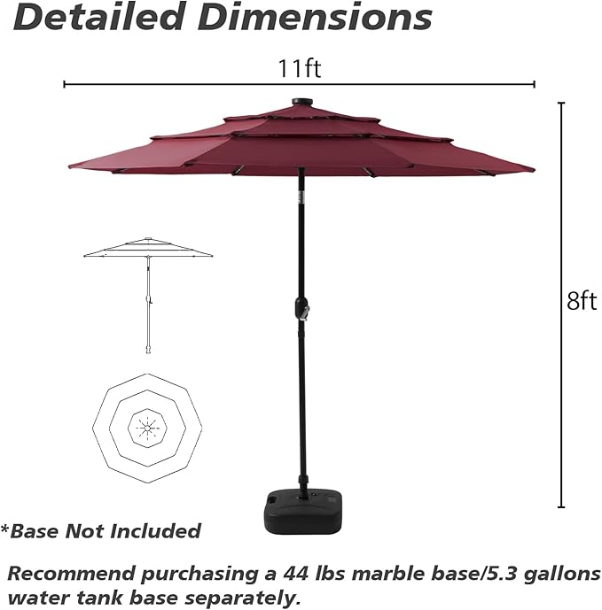 HOMPUS 9FT/10FT/11FT 3 Tiers Solar LED Patio Umbrella for Outside, Outdoor Market Umbrella with Push Button Tilt, 40 LEDs, Sun Shade for for Backyard, Deck, Garden