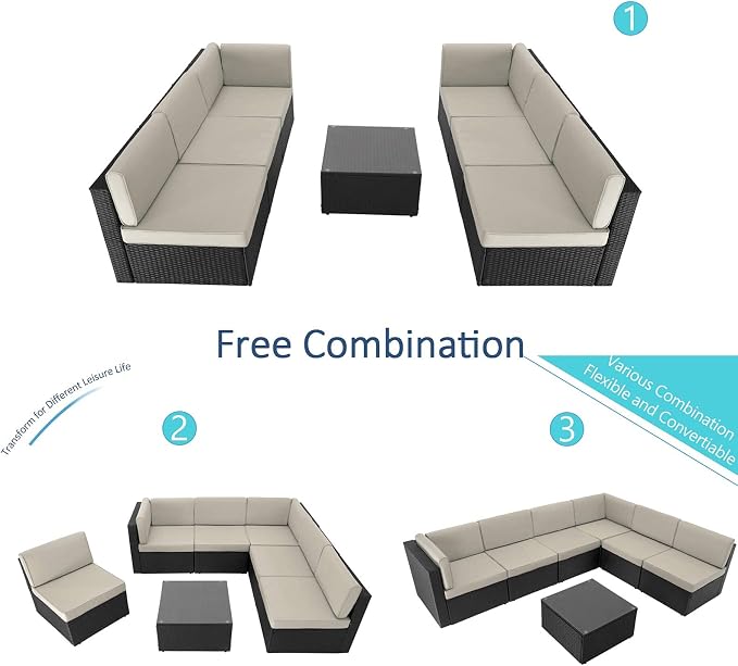 VITESSE Patio Furniture Sets All Weather Outdoor Sectional Sofa Manual Weaving Wicker Rattan Patio Conversation Set with Cushion and Glass Table (7 Pieces, Beige)