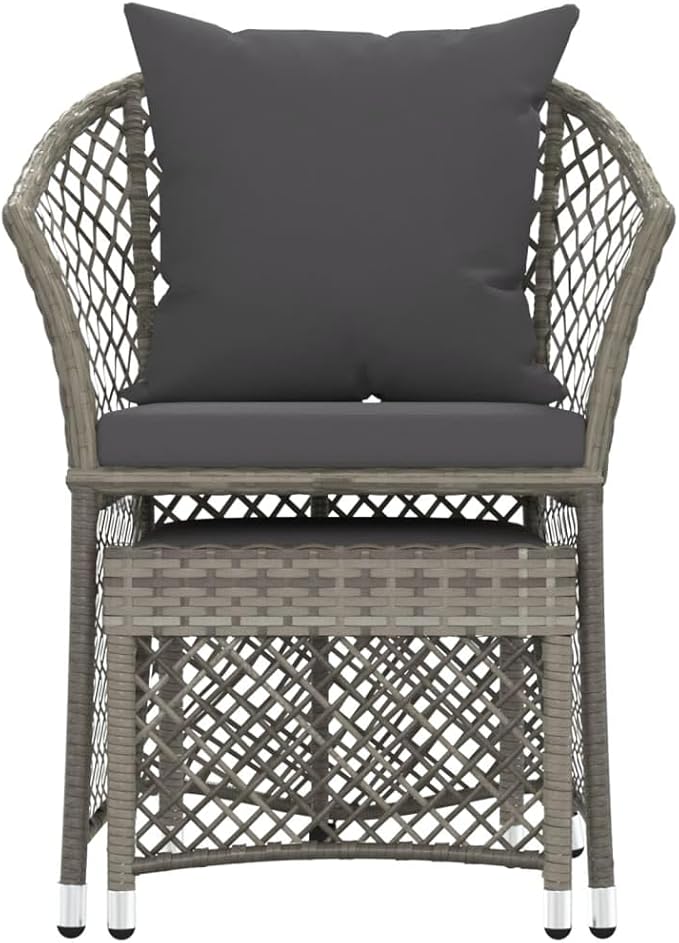 2 Piece Small Grey PE Rattan Garden Lounge Chair Set with Cushions, 16.5"x17"x14.4" Modern Compact Outdoor Patio Furniture for Balcony Apartment and Sunroom