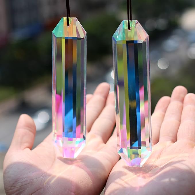 2PCS Long Crystal Suncatcher Prisms for Windows (Rect ABColor) | AB Color, Transparent, K9 Glass, Rainbow Maker, with Hooks & Cord
