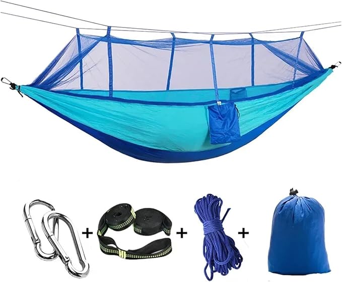 Hammock Camping Hammock with Net, Lightweight Portable Double Parachute Hammocks, High Capacity & Tear Resistance for Backyard,Hiking Camping Essentials (Color : Light blue-6loops)