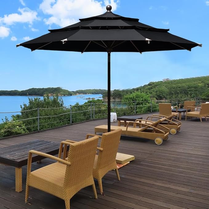 EliteShade USA 10-Year-Non-Fading 11ft 3-Tier Market Patio Umbrella, Commercial Grade Outdoor Table Umbrella with Cylinder Push-Up, Windproof & UPF 50+ UV Protection, Heavy Duty Ventilation for Garden, Deck, Pool, Backyard, Beach & Bistro, Black