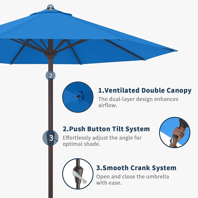 10FT Patio Umbrella Outdoor Market Umbrella with Crank and Tilt, 8 Flexible Fiberglass Ribs, UV-Resistant Waterproof Canopy for Patio, Deck, Garden, Backyard, Royal Blue