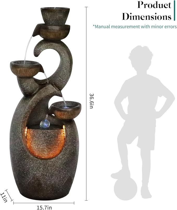 36.6" Outdoor Fountain Modern Waterfall Garden Fountain with LED Lights and Pump Outdoor Rock Fountain Decor for Garden, Porch, Patio