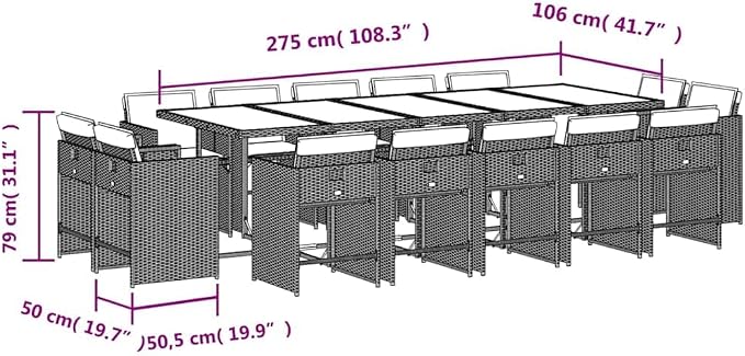 15 Piece Patio Dining Set with Cushions Gray Poly Rattan Outdoor Furniture Table and 14 Chairs for Garden Backyard Porch Dining Tempered Glass Foldable Seats Space Saving UV Proof 242. 5lb Capacity