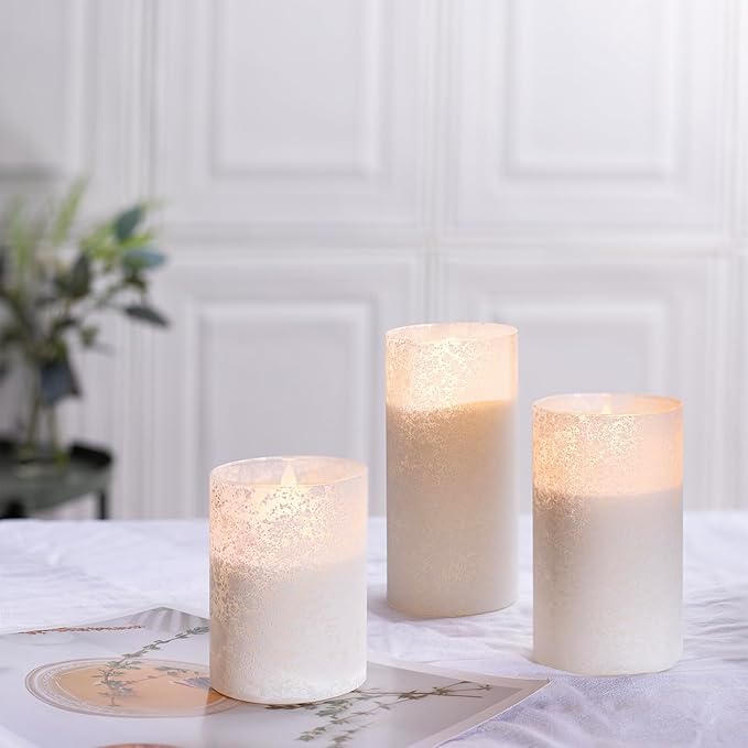 White Glass Flameless Candles Set of 3 (3"x4" 5" 6") – Battery Operated LED Pillar Candles with Remote and Timer, Flickering Electric Fake Candles for Home Wedding Decor