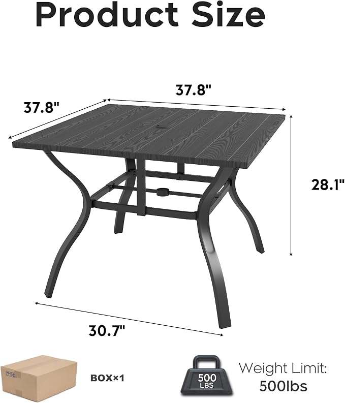 Patio Outdoor Dining Table, Wood-Grain Patio Square Table with Umbrella Hole, All-Weather Metal Dining Table for Party, Lawn & Garden (37.8“ x 37.8”) Black