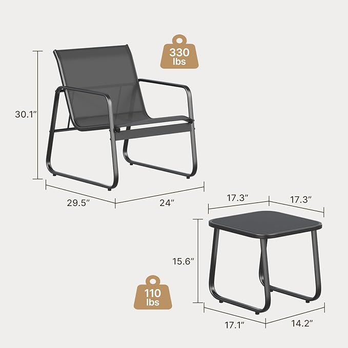 Gizoon Patio Chairs Set of 2, Patio Bistro Set 3PCS, Outdoor Patio Furniture Set with Rust-Resistant Metal Frame, 330LBS Capacity，for Balcony/Lawn/Patio/Pool, RCS Certified Recycled Material, Black