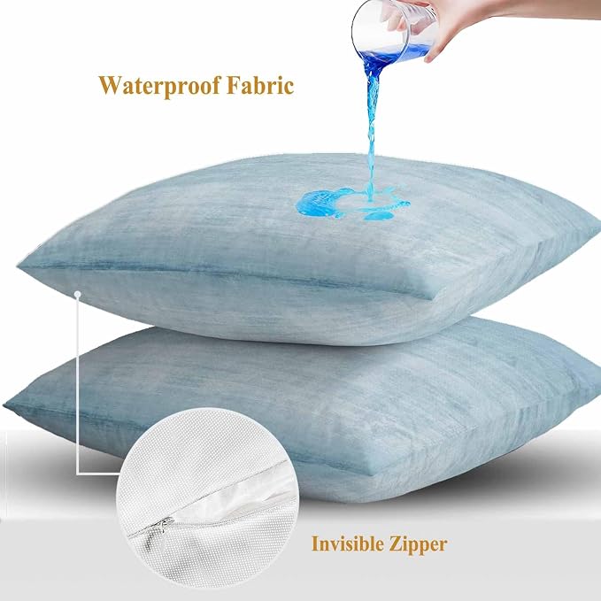 Vandarllin Outdoor Throw Pillows Covers 18x18 inch Set of 2 Waterproof Sky Blue Linen Decorative Zippered Cushion Covers for Patio Furniture, Solid Color Texture Lumbar Pillowcases
