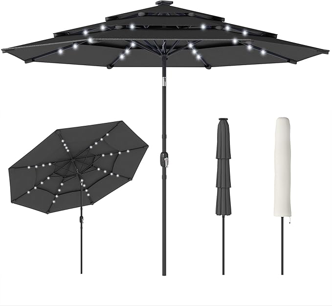 Outsunny 9.7 ft Outdoor Patio Umbrella with 32 Solar LED Lights, 3 Tier Outdoor Table Market Umbrella with Tilt and Crank, 8 Ribs for Garden, Deck, Yard, Poolside