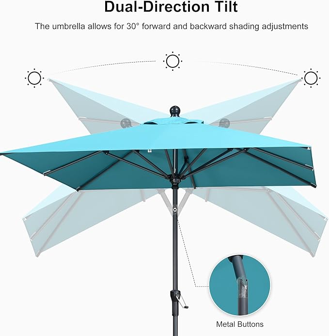 PURPLE LEAF 6.5' x 6.5' Square Patio Umbrella Outdoor Table Umbrella Aluminum Frame Market Umbrella Sun Umbrella with 8 Sturdy Ribs Tilt for Garden Deck Lawn Pool Light Turquoise Blue