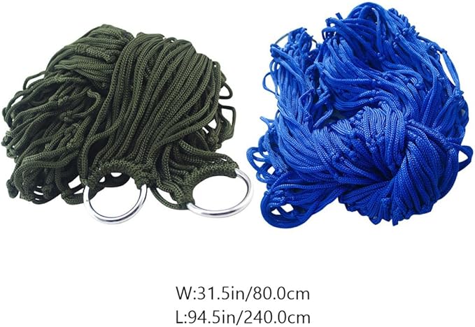 Artibetter 2pcs Outdoor Nylon Rope Hammocks Double Sleeping Swing Beds for Camping Travel Backyard, Foldable Lightweight Mesh Hammock Set in Blue and Army Green Random Color