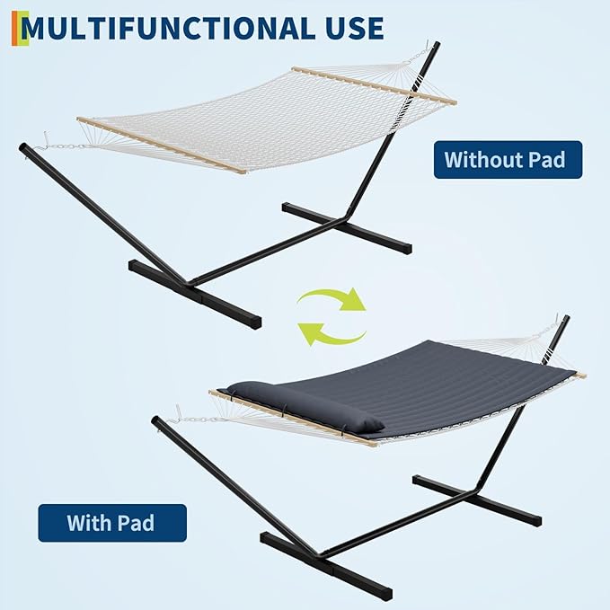 Double Hammock with Stand,450lbs Capacity, 2 Person Cotton Rope Portable Hammock with Polyester Quilted Pad and Pillow,for Garden Yard,Camping and Patio.Dark Dray.