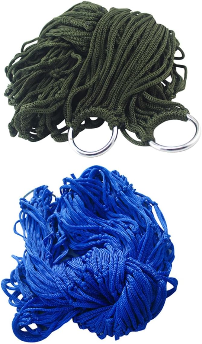 FRCOLOR 2pcs Outdoor Nylon Rope Hammocks Foldable Camping Swing Beds Mesh Hanging Hammock for Travel Backyard Patio, Blue and Army Green Random Color