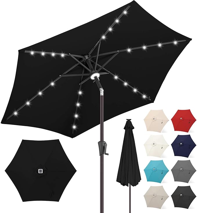 FLAME&SHADE 10ft Solar Outdoor Umbrella - 24 LED Lighted Patio Umbrella with Centre Surround Light, Table Umbrellas with Tilt & Crank for Pool, Porch, Garden, Deck, Backyard UV Protection (Black)