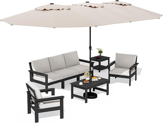 SERWALL HDPE Outdoor Couch with Coffee Table & Side Table & 15FT Umbrella