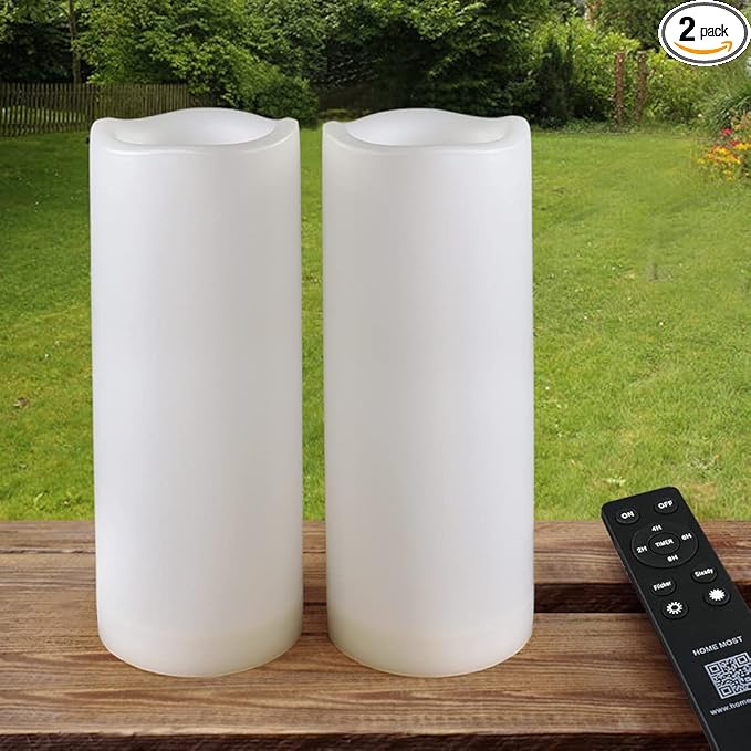 Pack of 2 White LED Candles Outdoor 3x8 - Unscented IP65 Waterproof Battery Powered Flameless Pillar With Remote and Timer - Flickering