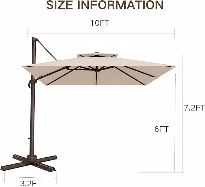 Kingdura Cantilever Patio Umbrella with Double Top Vent, Large Square Aluminum Outdoor Offset Umbrella with 360-degree Rotation, Infinite Tilt, UV Protection for Pool Deck Garden Patio