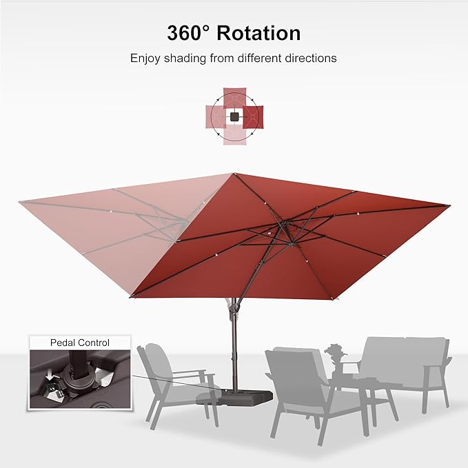 PURPLE LEAF 9' X 11.5' Rectangle Cantilever Umbrella with Base Patio Umbrella Outdoor Aluminum Antique Bronze Offset Hanging Umbrella with 360-degree Rotation for Pool Garden Backyard Deck, Brick Red
