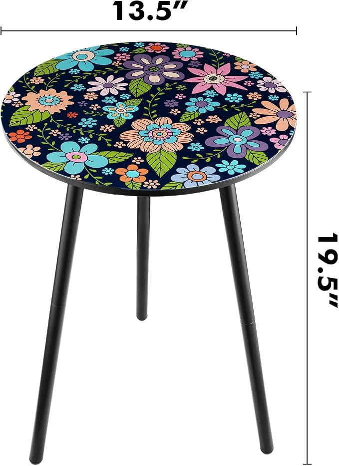 Outdoor Side Table Set of 2 Patio Side Tables for Outside Black End Tables Small Outdoor Table Round Patio End Table Metal Side Table Outside, Indoor, Bedroom, Living Room, Small Spaces, Navy Floral