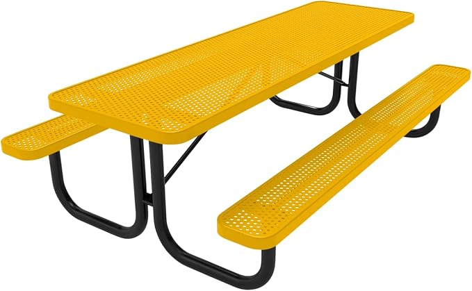 COATEDOUTDOORFURNITURE Heavy-Duty Portable Outdoor Picnic Table, Thermoplastic Coated Punched Steel Commercial-Grade Patio Dining Furniture Made in America (8ft Rectangular, Textured Yellow)