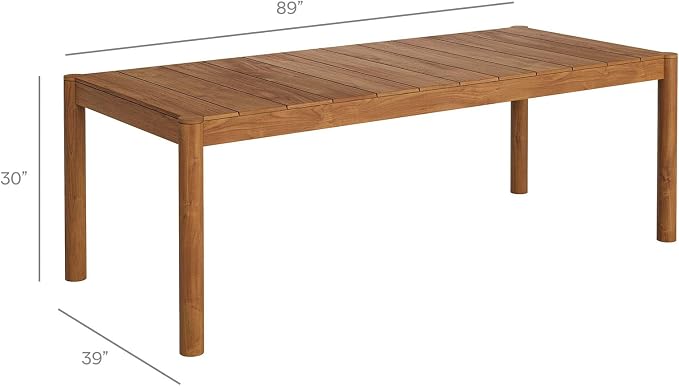 Modway Eleni 89-Inch Outdoor Teak Wood Dining Table in Natural – Rectangular Patio Dining Table with Slatted Top for Patios, Decks, Or Gardens