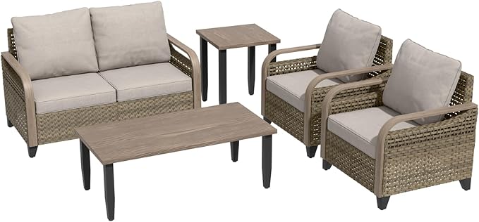Modern Wicker Patio Furniture Set, Rattan Outdoor Conversation Set with Comfortable Cushions, 2 Patio Chairs, 2 Seat Loveseat, Coffee Table and Side Table, 5 Pieces, Brown/Gray