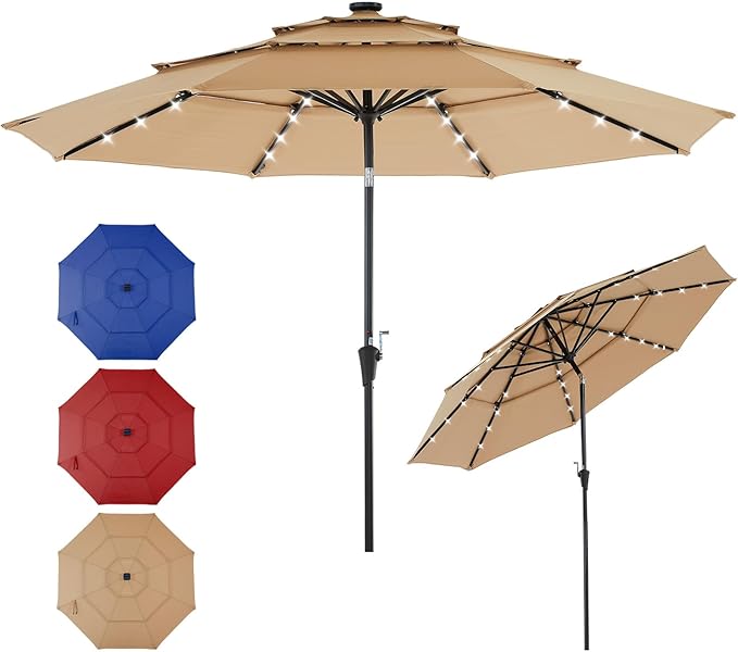 DUMOS LED Outdoor Patio Umbrella 10 FT UV-Resistant Market Umbrella with Tilt Adjustment & Crank Lift, All-Weather Shade for Backyard, Deck, Garden, Beach